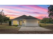 Charming single-story home with a well-maintained lawn and attached two-car garage in a lovely neighborhood at sunset at 15465 Se 113Th Street Rd, Ocklawaha, FL 32179