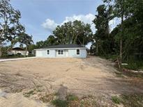 Charming single-story home featuring a light blue exterior, a well-maintained lawn, and an attached garage at 28 Bahia Pass Dr, Ocala, FL 34472