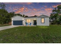 Charming single-story home featuring a well-manicured lawn and an attached garage, all under a vibrant sunset sky at 46 Fisher Lane Ter, Ocklawaha, FL 32179