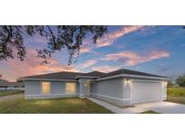 Charming single-story home with a two-car garage and a well-manicured lawn at sunset at 9731 Bahia Rd, Ocala, FL 34472