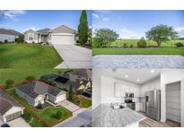 Collage showcases a home with well-manicured lawn, spacious backyard, aerial view, and modern kitchen at 7270 Sw 99Th Cir, Ocala, FL 34481