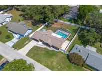 Aerial view of a beautiful single-Gathering home featuring a screened pool and fenced yard at 3881 Se 61St Pl, Ocala, FL 34480