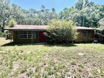 Single-story home with mature trees and a red front door needing landscaping at 16901 Se 130Th Ave, Weirsdale, FL 32195