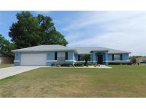 Charming light blue single-story home featuring a two-car garage, manicured lawn, and lovely landscaping at 2909 Ne 25Th St, Ocala, FL 34470