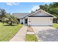 Charming single-story home with a well-manicured lawn, attached garage, and a welcoming walkway at 19942 Sw 96Th Pl, Dunnellon, FL 34432