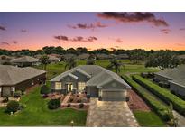 Beautiful single-Gathering home showcasing lush landscaping, stone driveway, and exterior paint during a lovely sunset at 8772 Se 130Th Loop, Summerfield, FL 34491
