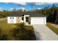 Modern home featuring a two-car garage, contemporary design, landscaped front yard, and neutral color palette at 15215 Sw 43Rd Ct, Ocala, FL 34473