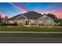 Stunning one-story home with white stucco exterior, dark trim, and a beautifully landscaped front yard at 5092 Ne 81St Blvd, Wildwood, FL 34785