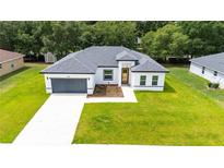 Charming single-story home featuring a modern facade, well-manicured lawn, and a gray two car garage door at 162 Nw 42Nd Pl, Ocala, FL 34475