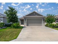Charming single-story home featuring a well-manicured lawn, gray exterior, and a two-car garage at 7881 Sw 89Th Cir, Ocala, FL 34481
