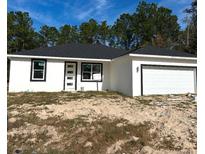 Charming single-story home featuring a modern front door, large garage, and a clean, white exterior finish at 13005 Southwest 62Nd Street Road, Ocala, FL 34481