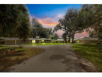 Long private driveway leading to a well maintained ranch style home with mature trees and multiple garages at 3000 Pine Grove Ln, Lady Lake, FL 32159