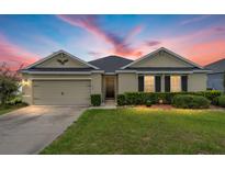 Charming single-story home featuring a well-maintained lawn, two-car garage, and a welcoming front entrance beneath a colorful sky at 6646 Sw 64Th Ave, Ocala, FL 34476