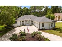 Stunning single-story home with manicured landscaping, a circular driveway, and an American flag at 9213 Sw 197Th Cir, Dunnellon, FL 34432
