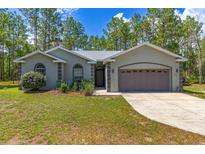Charming single-story home features a two-car garage and well-manicured lawn with mature trees at 12320 Sw 62Nd Pl, Ocala, FL 34481