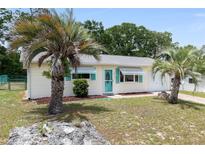 Charming single-story home with well-kept lawn, accented by palm trees and a delightful turquoise door and awnings at 8247 Sw 105Th Pl, Ocala, FL 34481