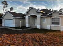 Charming single-story home with stucco exterior, manicured lawn, and attached two-car garage at 3858 Sw 161St St, Ocala, FL 34473
