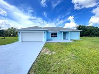 Charming, single story home with a two car garage, gray roof, blue siding and well manicured front lawn at 10758 Se Highway 464C, Ocklawaha, FL 32179