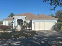 Charming single-story home featuring a two-car garage, manicured lawn, and inviting front entrance at 12855 Se 92Nd Court Rd, Summerfield, FL 34491