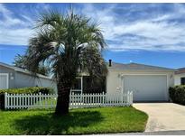 Charming single-story home featuring a well-manicured lawn, a white picket fence, and a mature palm tree at 889 Allagash Ave, The Villages, FL 32162