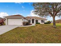 Single-story house with attached garage, and a well-maintained lawn at 1518 Blue Sky Blvd, Haines City, FL 33844