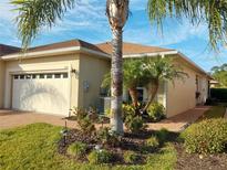 Tan house with a two-car garage, landscaping, and palm trees at 1649 Linz Ct, Winter Haven, FL 33884