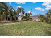 Single-story home with a large yard, palm trees, and a spacious driveway at 208 Limpkin Ln, Frostproof, FL 33843