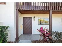 Inviting front door with dark wood finish, house number, and plants adds a welcoming touch at 1103 Country Club Dr # A-3, Lake Wales, FL 33898