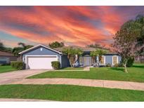 Charming single-story home featuring a well-maintained lawn, manicured shrubs, and a two-car garage at 295 E White Ibis Ln, Winter Haven, FL 33884