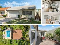 Real estate collage featuring home's front exterior, dining room, living room, patio and aerial view of pool at 259 Mariposa, Winter Haven, FL 33884