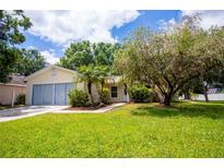 Charming single-story home features a well-manicured lawn, mature trees, and an attached two-car garage at 612 Muskrat Dr, Kissimmee, FL 34759