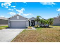 Charming gray home featuring a two-car garage, well-kept lawn, and lush tropical landscaping in a desirable neighborhood at 3374 Waterlute Way, Lakeland, FL 33811
