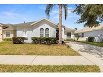 Charming one-story home with well-manicured lawn, tidy hedges and mature palm tree in lush Florida landscape at 135 Minniehaha Cir, Haines City, FL 33844