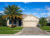 Charming single-story home with a well-manicured lawn and a two-car garage, complemented by a mature palm tree at 3828 Eloise Estates Ct, Winter Haven, FL 33881