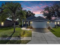 Charming single-story home with a well-maintained lawn and inviting curb appeal under a colorful sunset sky at 124 Eagle Point Blvd, Auburndale, FL 33823