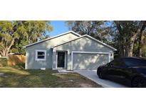 Charming single-story home with gray siding, black door, and a two-car garage at 1223 Parkhurst Ave, Lakeland, FL 33805