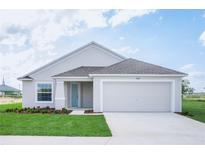 Charming single-story home featuring a well-manicured lawn, a two-car garage, and a light blue front door at 2120 Emma Ln, Lake Wales, FL 33859