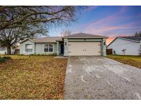 Charming single-story home with a two-car garage and well-manicured front yard at 402 Bramble Way, Minneola, FL 34715