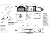 Detailed architectural blueprint showcasing the front and rear elevation, roof plan, and decorative details at 3059 Sanctuary Cir, Lakeland, FL 33803