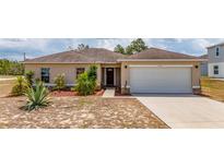 Tan one-story house with a two-car garage and landscaping at 340 Elderberry Ct, Kissimmee, FL 34759