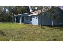 View of single-story home with blue exterior paint and lawn at 106 Sparrow Ct, Kissimmee, FL 34759