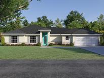 Single-story home with a teal front door, stone accents, and a two-car garage at 314 Dagama Ct, Kissimmee, FL 34758