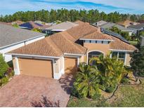 Aerial view of single-story house with solar panels, brick pavers, and lush landscaping at 663 Irvine Ranch Rd, Poinciana, FL 34759