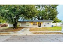 Gray house with a black door, driveway, and mature landscaping at 1504 Hummingbird Ln, Lakeland, FL 33801