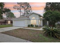 Tan house with white garage door and landscaping; nice curb appeal at 2993 Stillwater Dr, Kissimmee, FL 34743