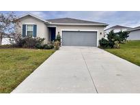 Single-story home with gray garage door and landscaping at 2587 Summer Star Way, Leesburg, FL 34748