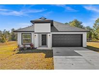 Modern single-story home with dark gray garage door and white exterior at 13380 Sw 60Th Court Rd, Ocala, FL 34473