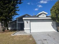 Gray house with white garage door and landscaping at 136 Pinewood Cir, Kissimmee, FL 34743