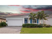 One-story home with white exterior, blue accents, and a paved driveway at 6308 Chirpine Ln, St Cloud, FL 34771