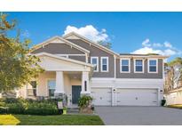Two-story home with gray siding, white trim, and a three-car garage at 11120 Robert Frost Dr, Winter Garden, FL 34787